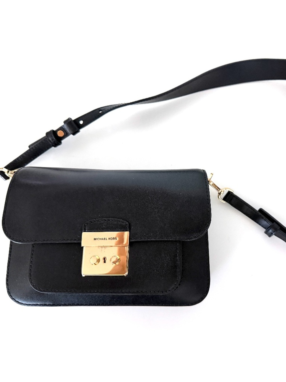 Michael Kors Black Smooth Leather Flap Push Lock Crossbody Bag Structured Purse